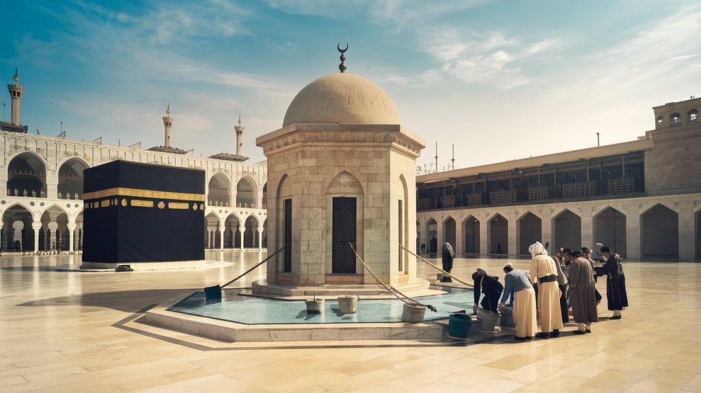 Zam Zam Water Story – History, Origin, and Miracle of the Well 3 Historic illustration of the Zam Zam well in Mecca - AI Image